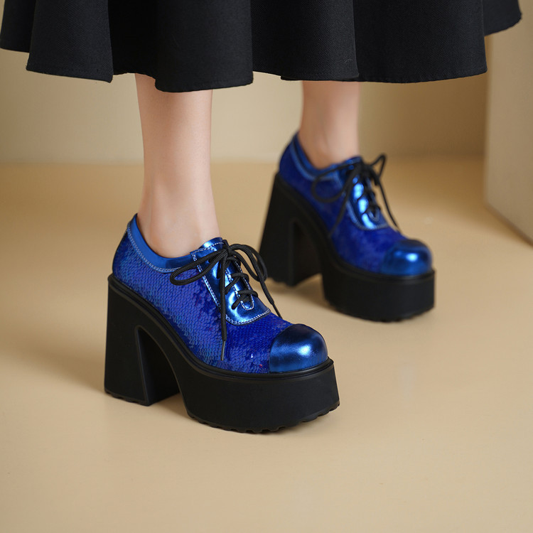 12cm Women's Genuine Leather Super High Heel Platform Lace-Up Shoes with Thick Sole and Chunky Heel, Beautiful Early Spring Shoes for Women, Suitable for Pairing with Skirts in Spring