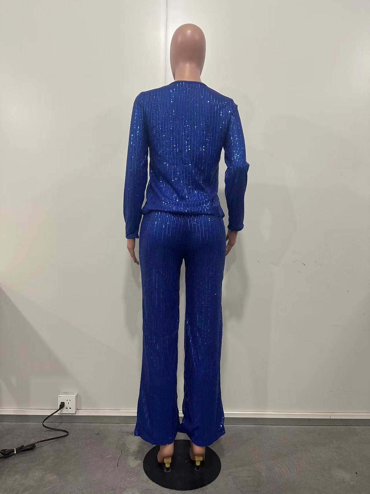 Women's Clothing new sequined solid color long sleeved trousers two piece set_voghion.com