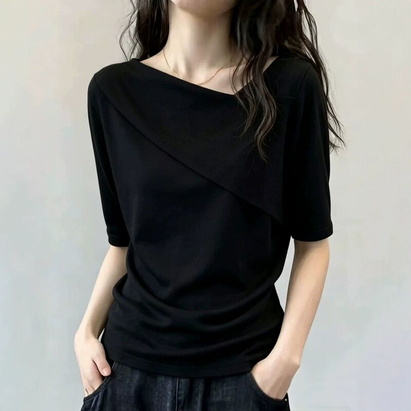 Summer new plus-size solid color slimming versatile loose irregular short-sleeve asymmetrical neck top Summer new plus-size solid color slimming versatile loose irregular short-sleeve asymmetrical neck top