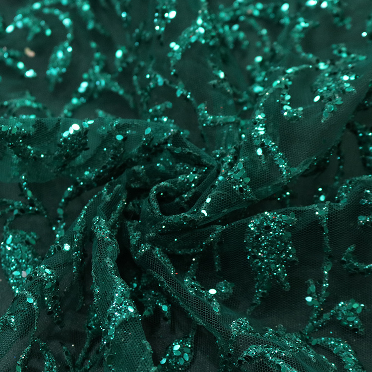 2024 nueva línea verde espumante sequinilla pulverización de oro polvo de malla tela de vestido de boda