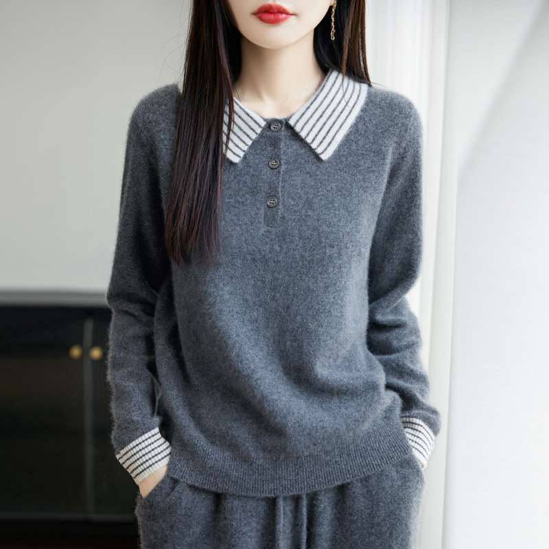 新款秋冬100羊毛衫女式针织长袖毛衣POLO领简约内搭小众撞色套头|undefined