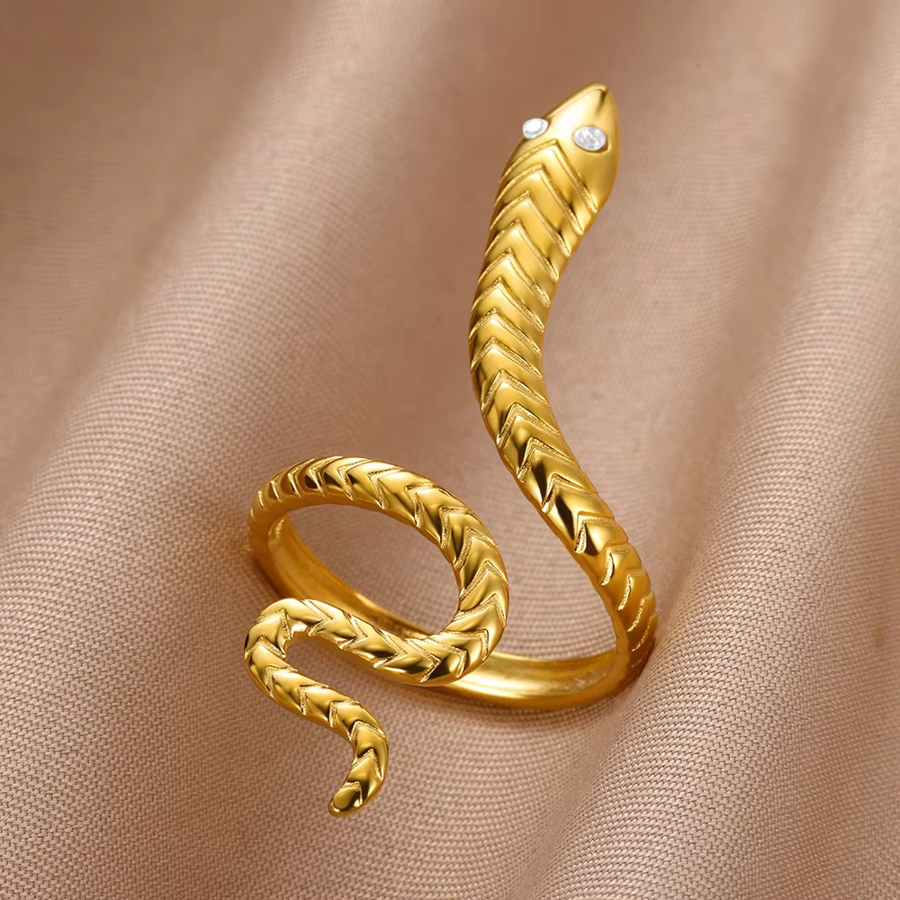 6g Weight 0.03µm Gold Plating Thickness PVD Coated Gold Plating Process 18K Real Gold Plated Plating Material Zircon Inlay Material Open Rings Classification 1 Piece Quantity Daily Occasion 304 Stainless Steel Material Snake Pattern All Seasons Season Unisex Gender Glam, Hip-Hop, Exaggerated Style Plating, Hypoallergenic Craft Glam Hip-Hop Exaggerated Snake 304 Stainless Steel Copper Plating Unisex Open Rings 6