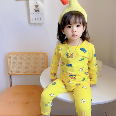 小黄鸭儿童莱卡棉秋衣套装无骨男女童睡衣宝宝家居服内衣婴幼儿