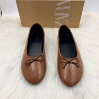 2026 Spring New Women's Shoes Brown Leather Bow Detail Decoration One Step Round Head Flat Ballet Shoes for Women