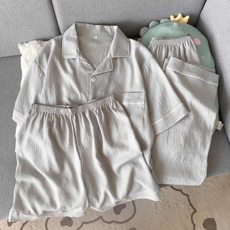 Pijamas de hombre de hilo de algodón puro de nubes, manga corta de verano, color sólido simple, sensación de alta gama, ropa de hogar de tres piezas