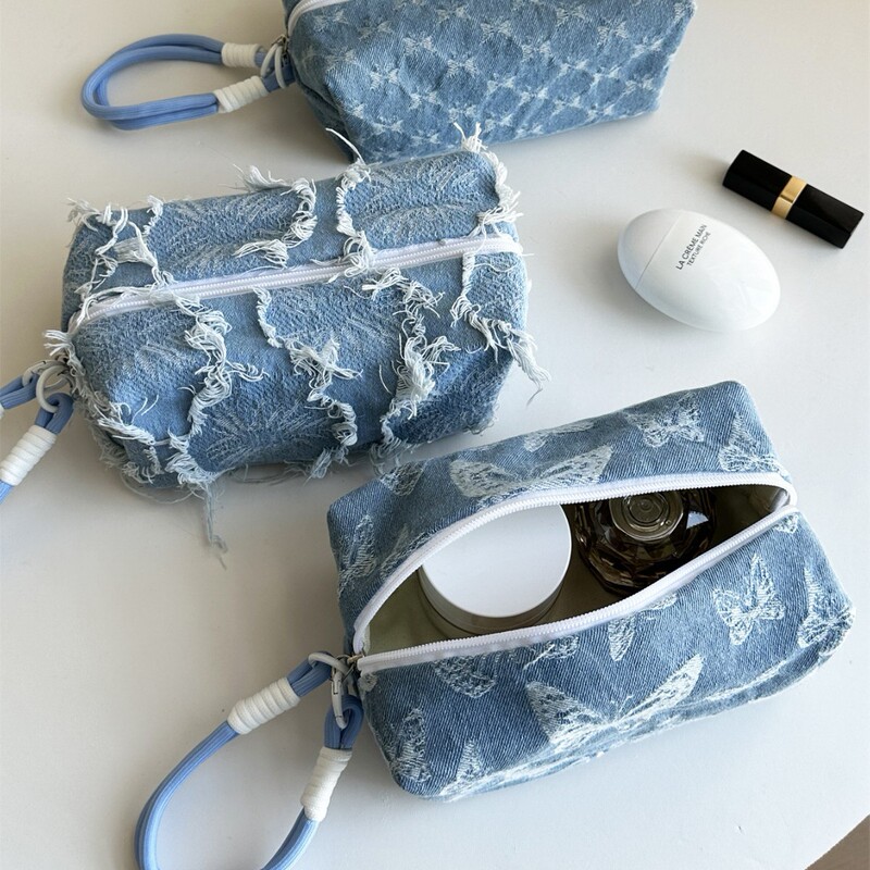 Cross-border Denim Cosmetic Bag Hand Carrying Portable Square Storage Bag Wallet Mobile Phone Bag Outgoing Toiletry Bag Inner Bag