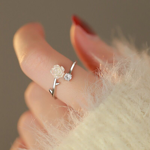s925 sterling silver camellia open ring female ins gentle fairy style niche light luxury design colorful index ring