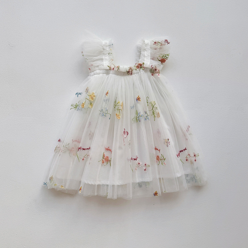 summer tulle dress for girls花朵甜美网纱女童连衣裙飞袖公主裙|undefined