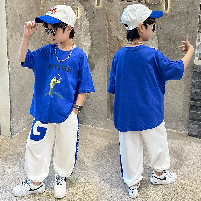 儿童装男童夏装套装2025新款中大童洋气韩版短袖长裤棉两件套潮