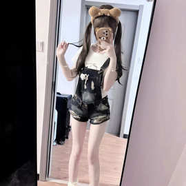 甜酷亚萌少女做旧磨破牛仔背带短裤女设计感复古减龄辣妹连体短裤