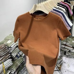 Right Shoulder Caramel Short-Sleeved T-Shirt for Women Summer New Slimming Look Niche Design Salt Style Top for Small People