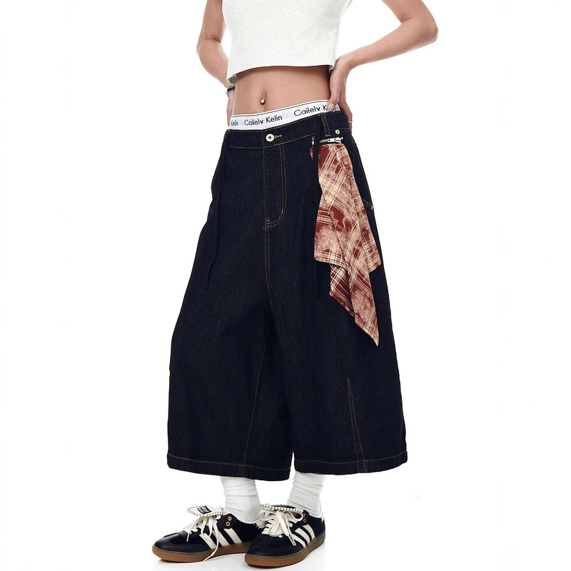 American Retro Detachable Square Scarf Original Color Denim Cropped Pants for Men and Women Summer New Loose Straight Wide-Leg Pants