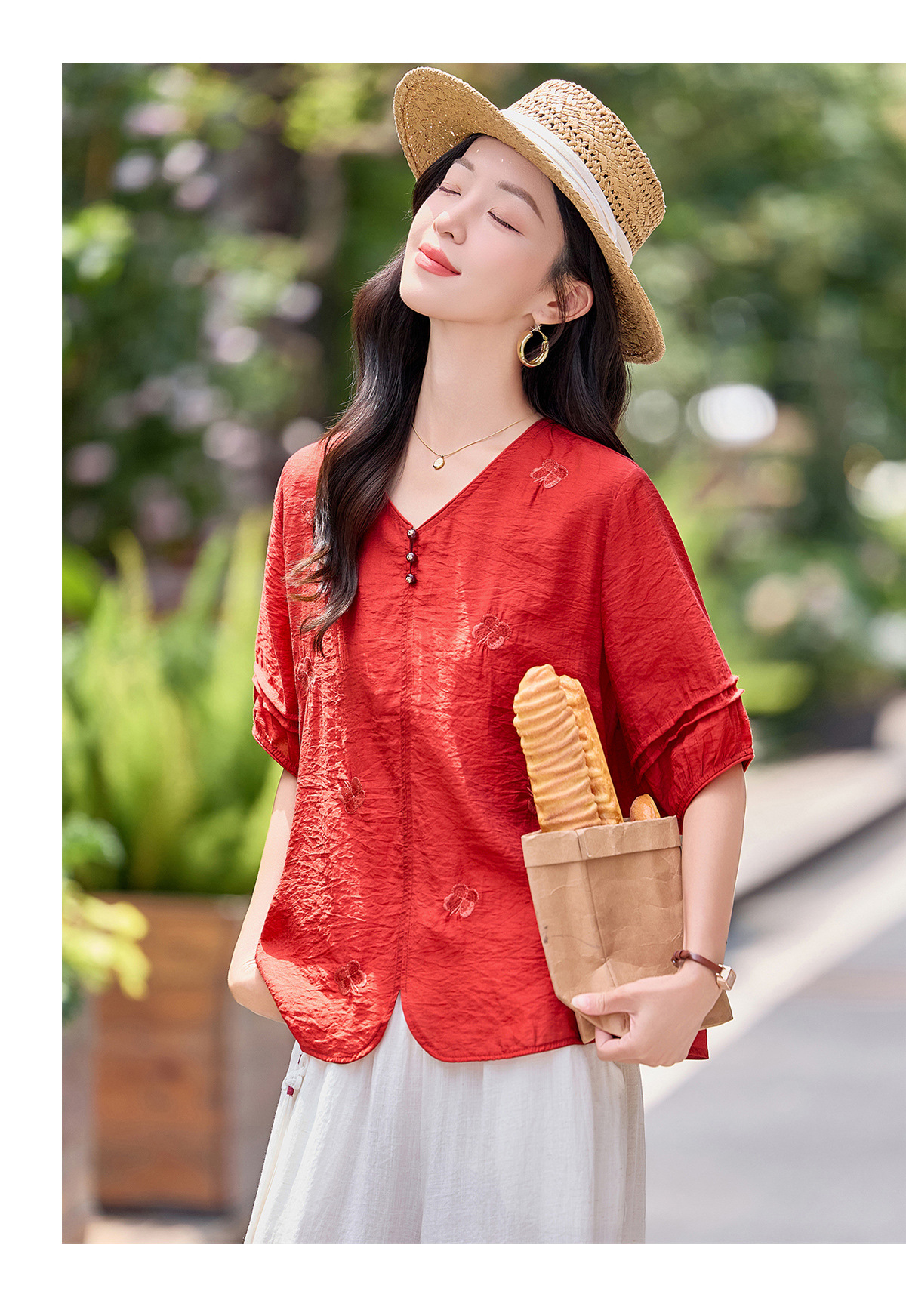 Bộ hai mảnh nữ hè 2026 áo thêu phối quần ống rộng cao cấp MM6652 — Màu hồng, màu đỏ chi tiết 15