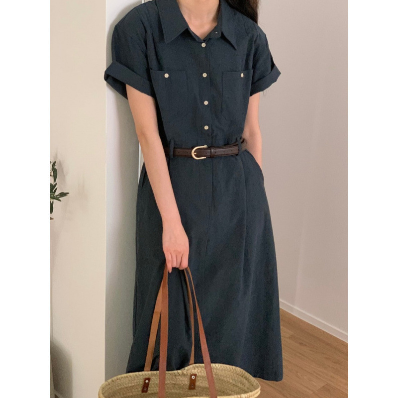 Korean Style Chic Retro Casual Elegant Lapel Single-Breasted Double Flap Pocket Pants Back Slit Elastic Long Dress 2 Colors