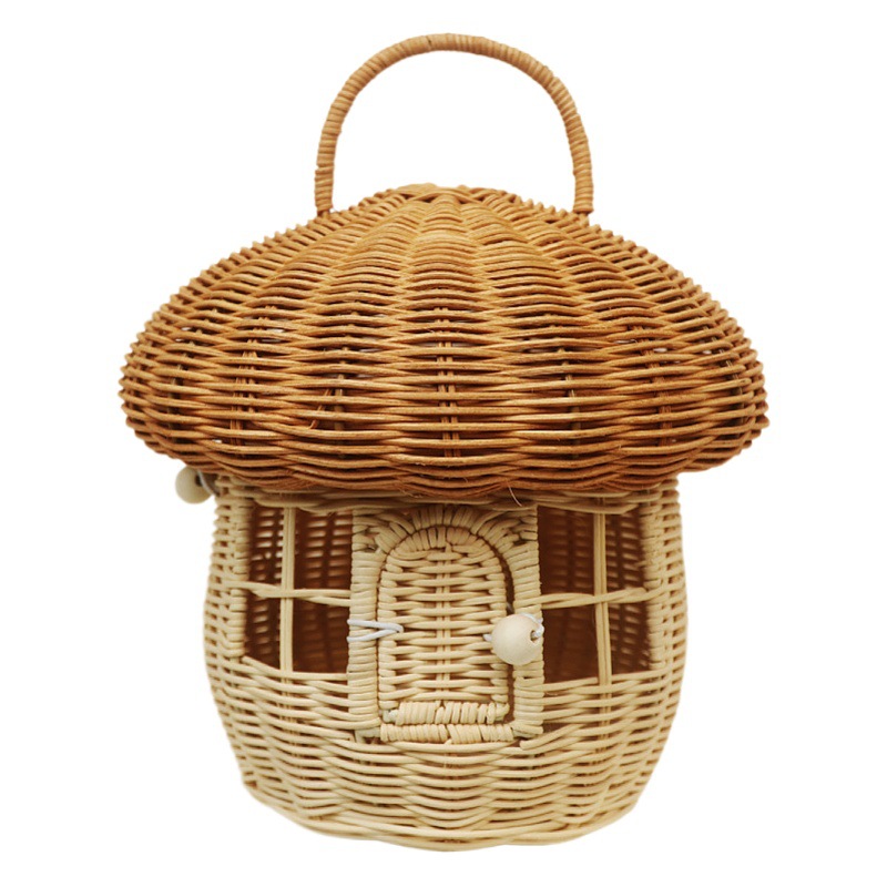 Bolso de bellota de envío gratis Caja de almacenamiento de hongos de ratán hecha a mano Cesta de juguete para niños Cesta de almacenamiento tejida Accesorios de fotografía