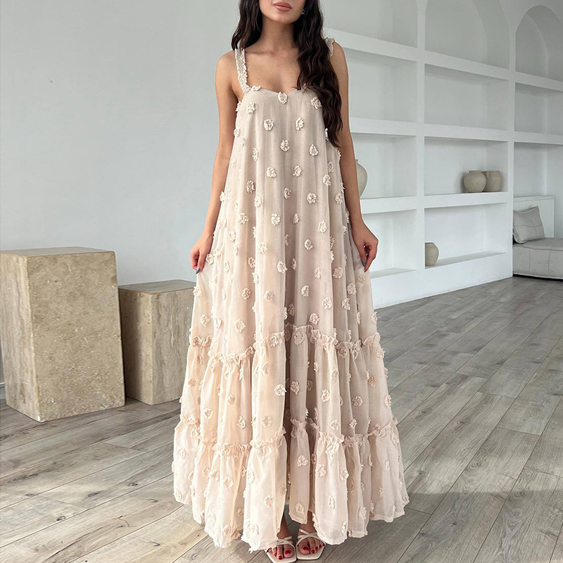 2026 Summer New Fashion Design with Shoulder Straps, Three-Dimensional Floral Embellishments, Large Skirt, Long Cake-Style Dress for Women
