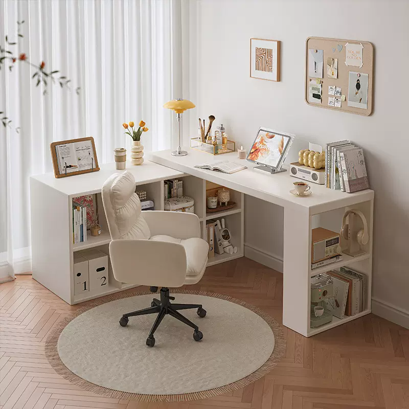 转角书桌家用学习桌子卧室女生梳妆台书柜一体实木型拐角电脑桌子