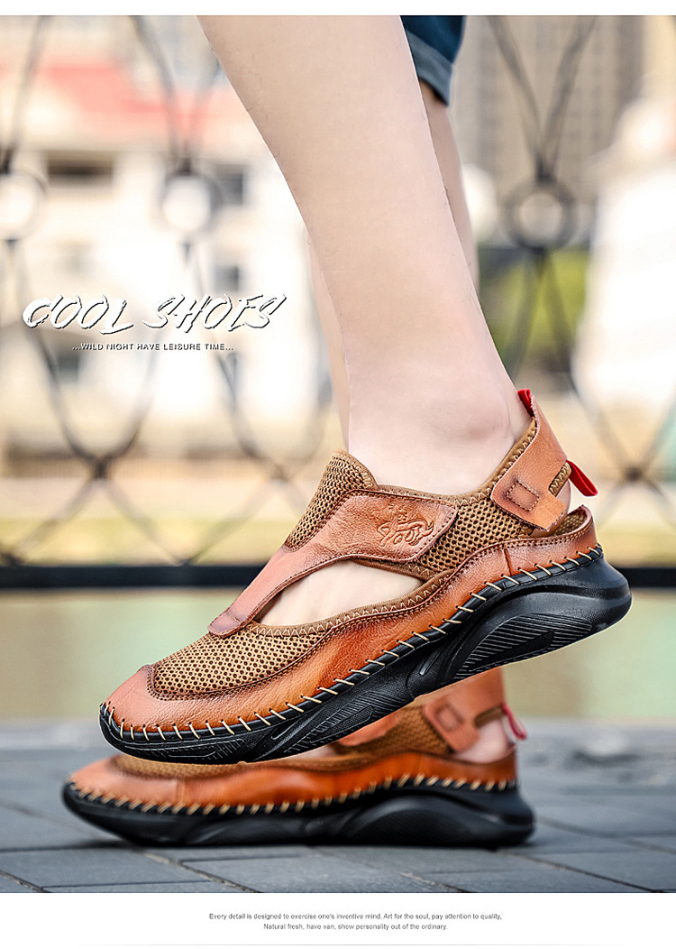 Cross-border large-sized outdoor wading light-soled sports sandals, men's trendy summer Korean version cowhide toe cap beach shoes, clogs undefined