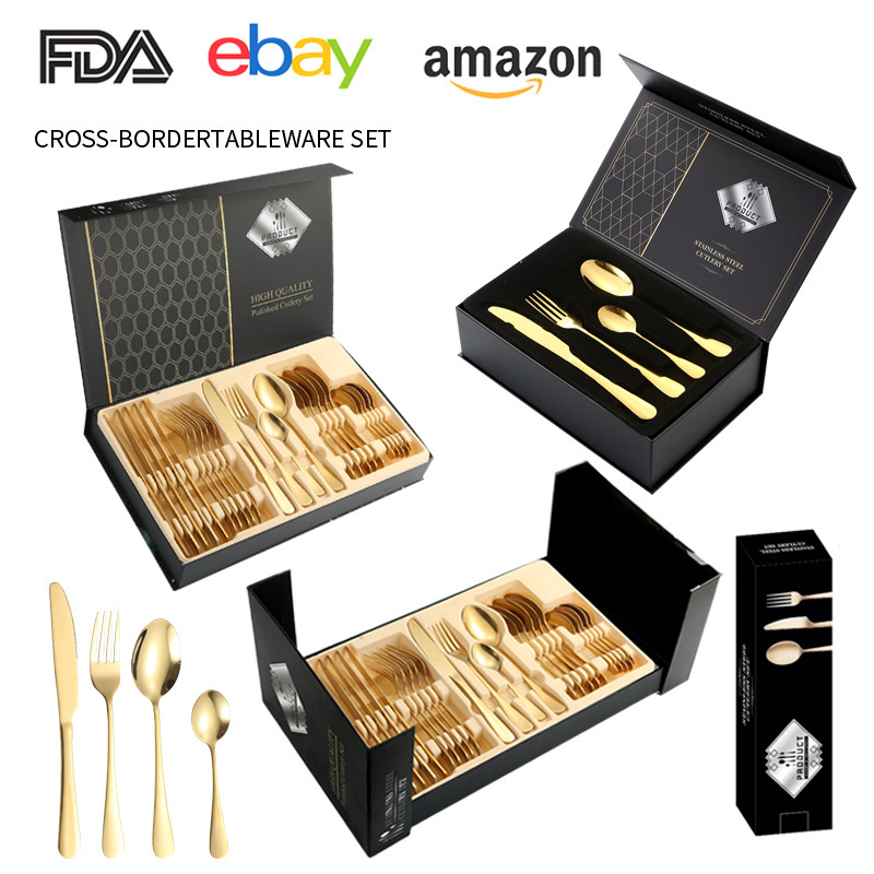 Vajilla de acero inoxidable simple de Amazon transfronteriza 1010 Cuchillo, tenedor y cuchara de comida occidental Juego de 24 piezas Juego de caja de regalo de cuchillo y tenedor de carne