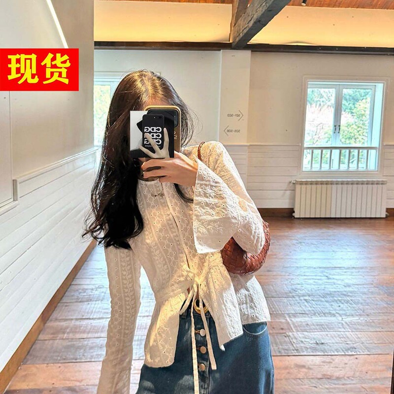 Romantic Holiday French-Style Fully Hollowed-Out Embroidered Lace-Up Bell-Sleeve Spring/Summer Top