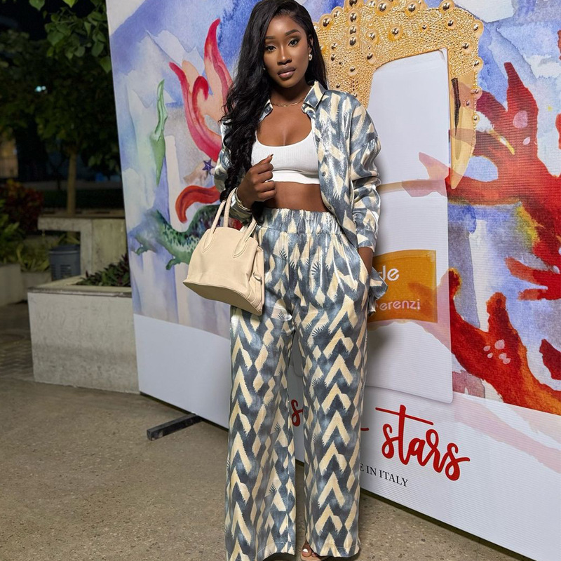 非洲套装女跨境外贸欧美印花休闲春秋时尚长袖衬衫长裤女装两件套