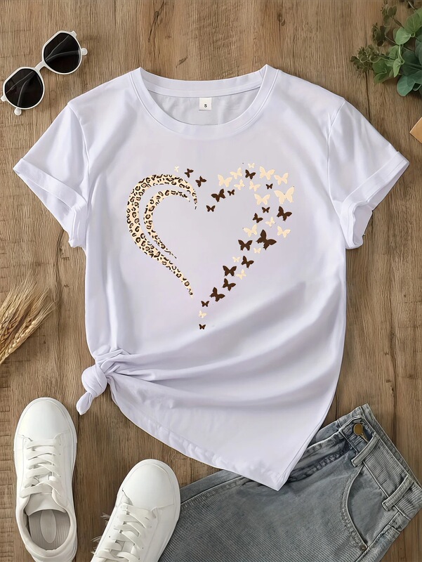 Regular Sleeve Knit Fabric - Spring/Summer/Autumn Series Women's Casual Polyester T-Shirt with Heart-Shaped Pattern and Crew Neck Cotton