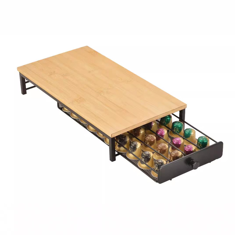 Oasiswj Coffee Capsule Storage Rack Custom Coffee Machine Base Iron Bamboo Bottom Cup Holder Desktop Display Box