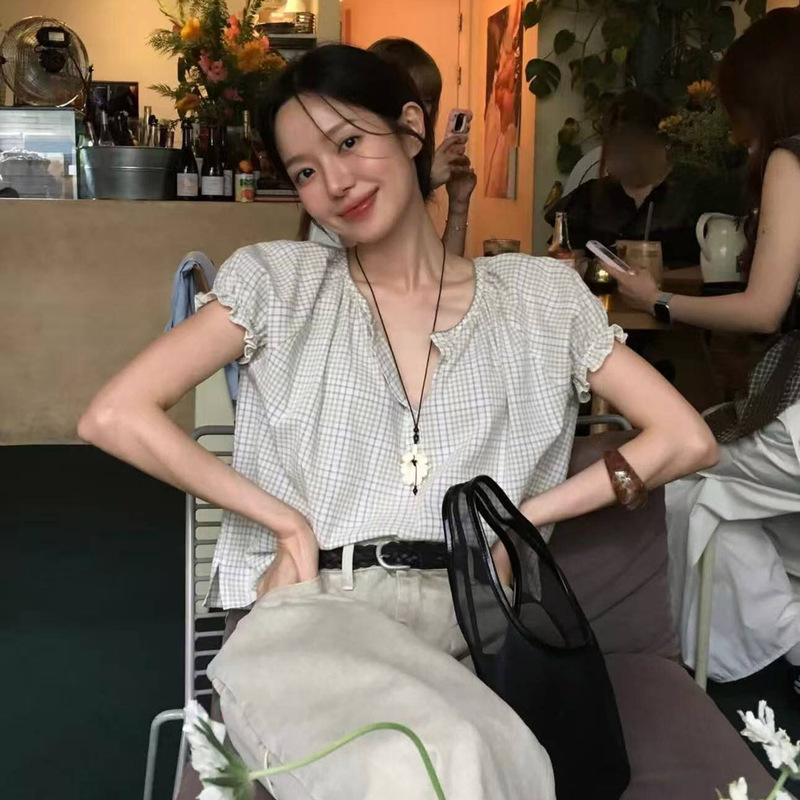 Now Available: Lee Na-Yeon/Jin Ji-Soo Same Style Poete Plaid Puff Sleeve Shirt, Korean Style Women's Button-Up Short-Sleeve Blouse