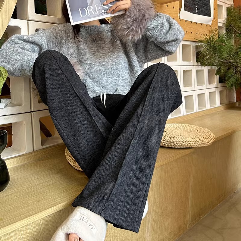 Pantalones de piernas anchas de patrón de herringbone alto para mujeres otoño y invierno 2024 Pantalones rectos de lana alargados pantalones de arroz casuales gris oscuro