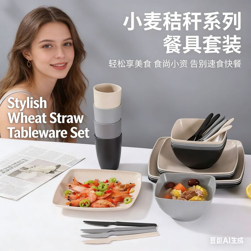 Amazon Aliexpress Wheat Straw Tableware Set Square Deep Bowl Large and Small Plates Water Cup Knife Fork Spoon Tableware Cross-Border Amazon Aliexpress Wheat Straw Tableware Set Square Deep Bowl Large and Small Plates Water Cup Knife Fork Spoon Tableware Cross-Border