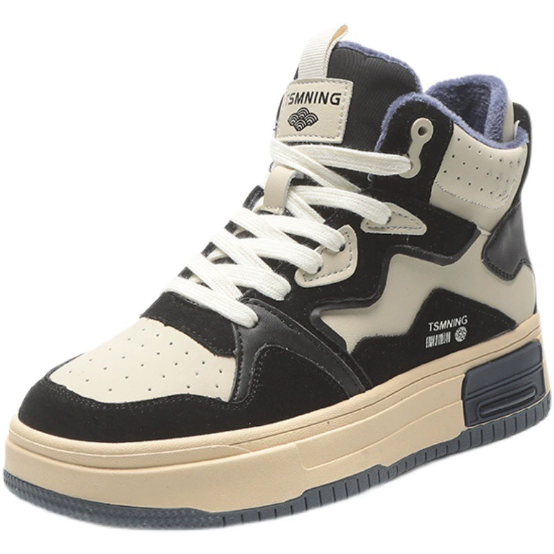 Женские высокие туфли из натуральной кожи, осенне-зимние кроссовки на толстой подошве с цветными блоками, новый стиль 2025 года, повседневная спортивная обувь в стиле ins на флисовой подкладке для женщин.