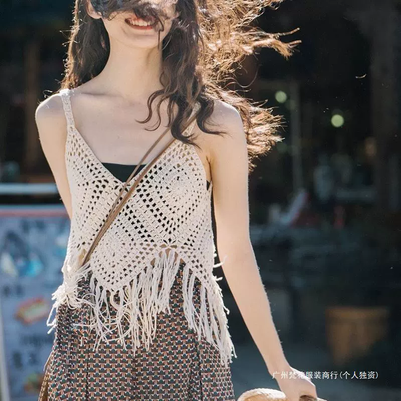 Вязаный жилет с кисточками с полым крючком для женщин топ ретро свободный без рукавов