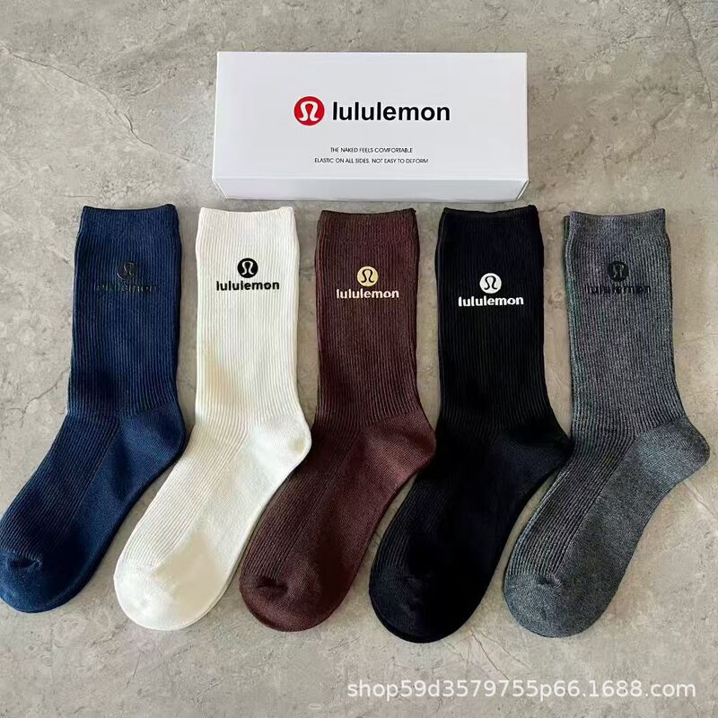 New Lululemon Women's Socks with Printed Logo, Simple Mid-High Tube Trendy Socks, Fashionable Versatile Slouch Socks, Cotton Socks