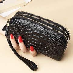Women's Clutch Mom's Genuine Leather Fashion Temperament Snake Print Three-Zip Large Capacity Clutch Bag Hand-carried Long Wallet