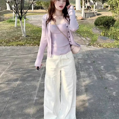 韩系早秋季穿搭紫色开衫上衣吊带两件套女装气质针织小衫套装