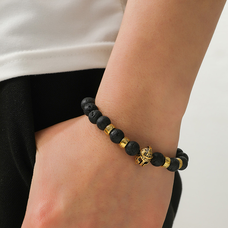 Pulsera de ágata gris-azul-naranja con cuentas de piedra volcánica negra, estilo natural espartano