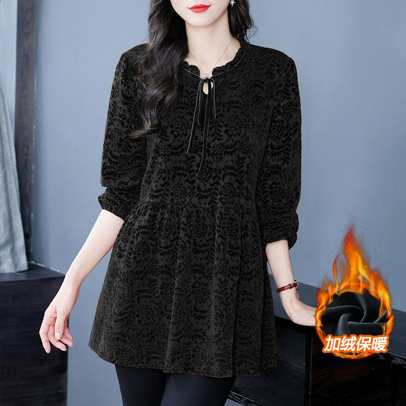 Утолщенная футболка с длинными рукавами на флисовой подкладке Chubby Girl, большие размеры, 200 кг, покрытие живота и дизайн, скрывающий мясо, внутренний топ, женская одежда среднего и пожилого возраста