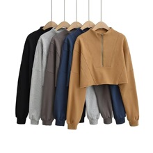 欧美风半拉链宽松卫衣女2022秋冬季新款纯色短款套头长袖上衣潮
