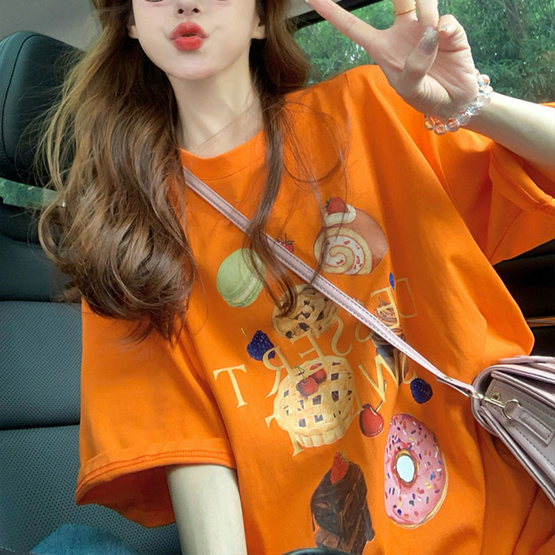2026 New Summer American-Style Orange Printed Short-Sleeve T-Shirt for Women, Retro Design, European-Style Oversized Trendy Top