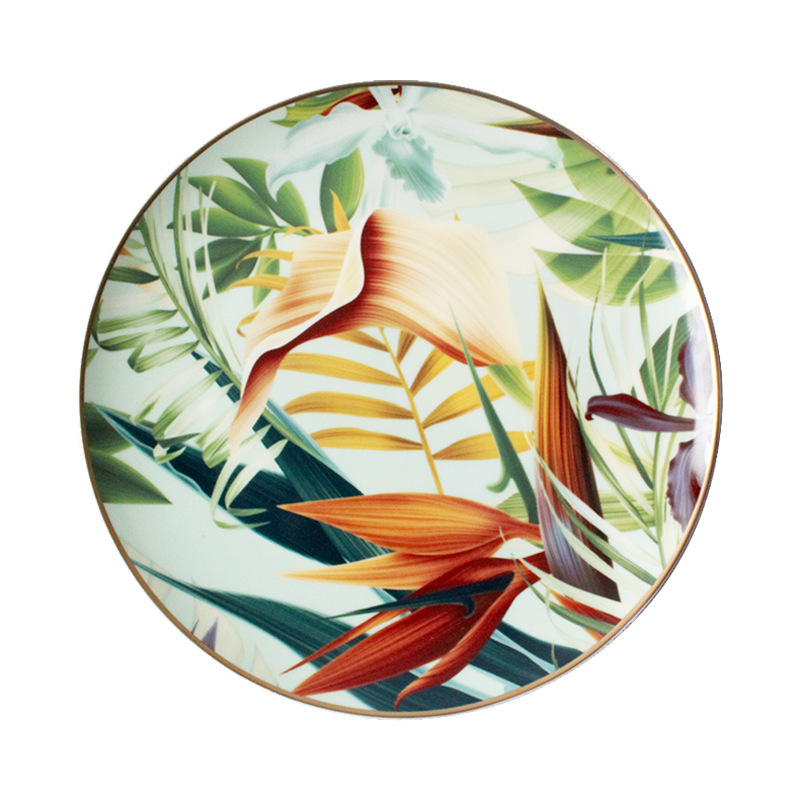Tropical Green Plant Ceramic Plate, Gold-Rimmed Bone China Western-Style Plate, Trendy Dessert and Snack Plate, Exquisite Tableware
