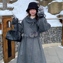 千金感灰色蝴蝶结毛呢外套女冬季毛绒球中长款呢子双面羊绒大衣