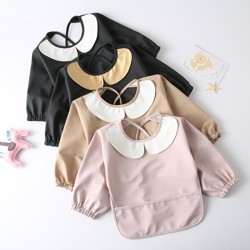Korean baby eating smock long-sleeved pu reverse-dressing waterproof bib children's long-sleeved children's anti-dirty reverse dressing