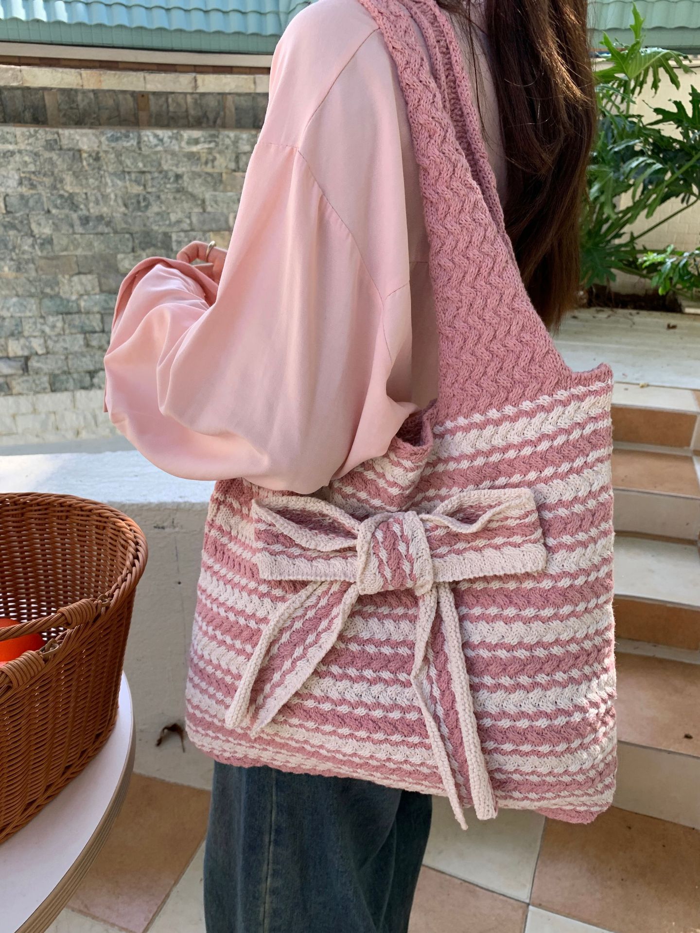 378g Weight Polyester Lining Material Weave Fashion Element Open Closure Type Double Shoulder Straps Strap Type Shoulder Bag Bags Type Travel, Daily Occasion Polyester Material Stripe, Bow Knot Pattern All Seasons Season Women's Gender Vintage Style Style Medium Size Women's Medium Polyester Stripe Bow Knot Vintage Style Weave Open Shoulder Bag 2
