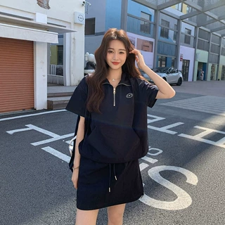 学院风运动服套装女夏季宽松显瘦半拉链POLO领短袖短裙休闲两件套