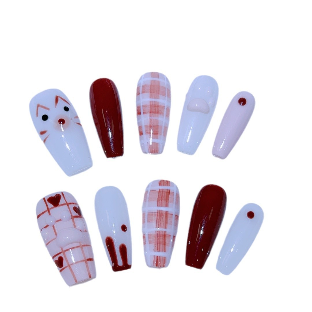 Pintado a mano desgaste de uñas café Rosa chocolate blanco fresa meow suave lindo serie extraíble falso clavo parche de uñas