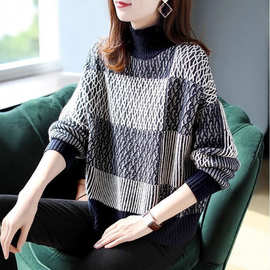 韩国撞色宽松半高领毛衣女2025秋冬新款时尚休闲针织百搭上衣均码
