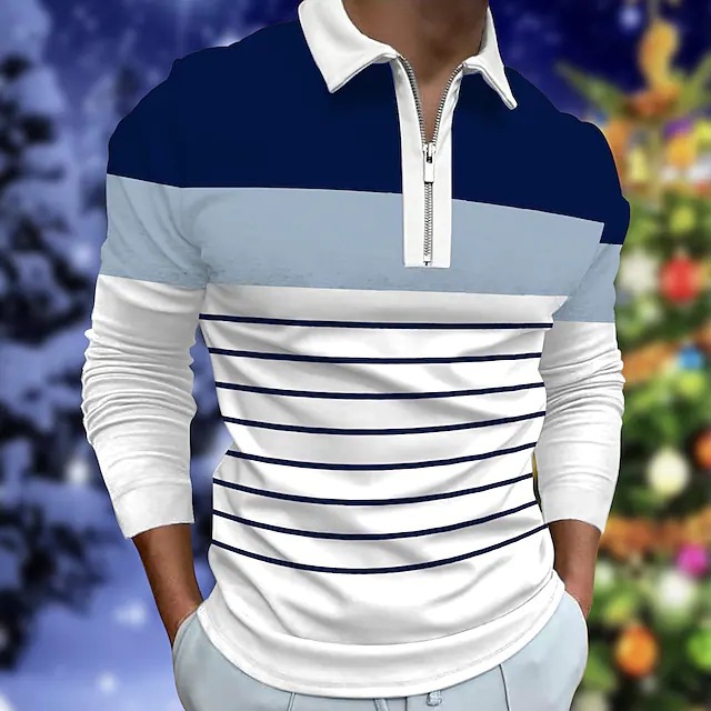 Herren Polo-shirt Langärmlig Mit Kontrastfarben Und Reißverschluss_voghion.com