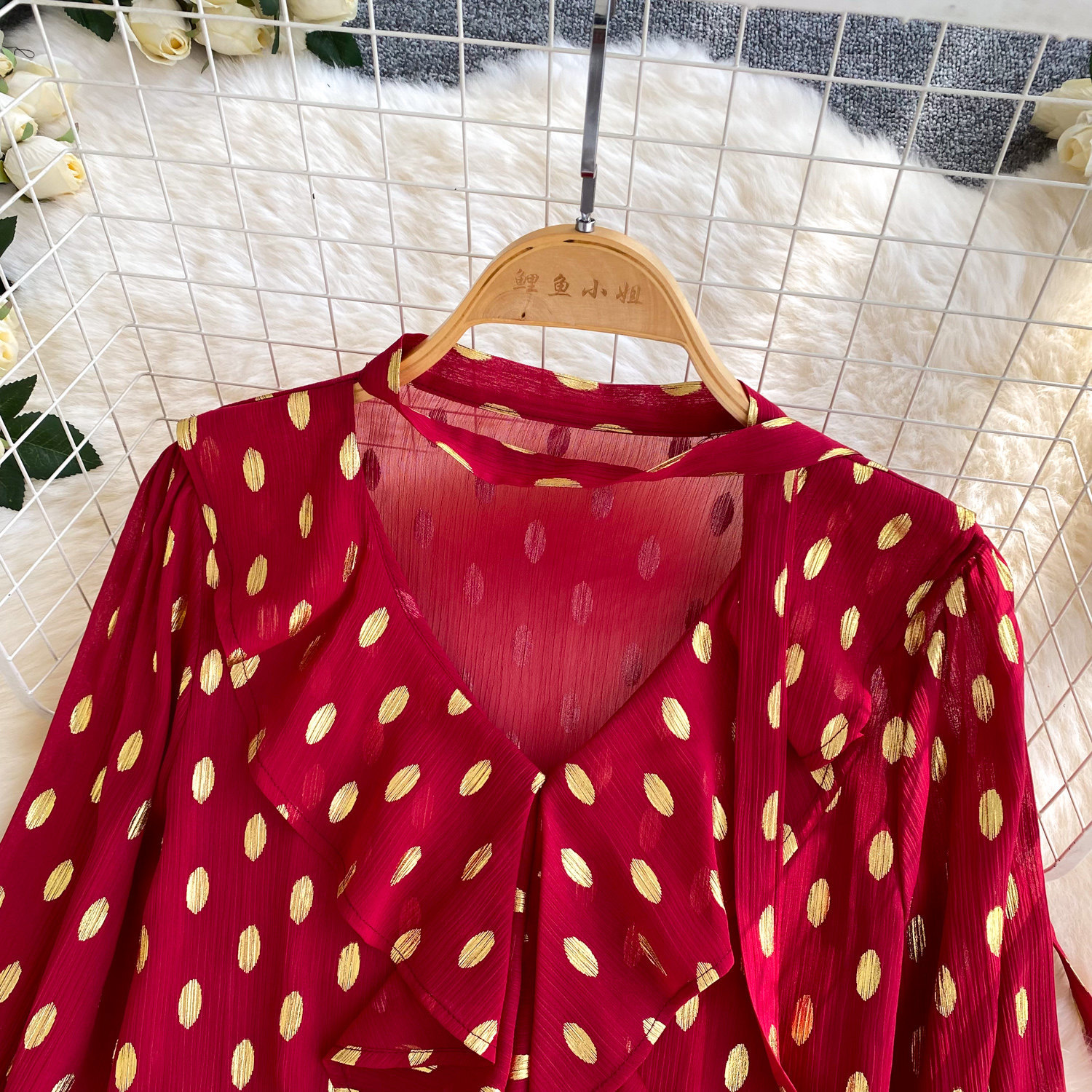 Camicia a pois stile francese con volant e fiocco manica lunga_voghion.com