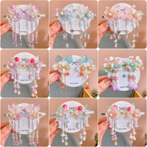 Sweet Chinese-style Hanfu hair accessories for children, flower-shaped tassels, step-flowers hair clips, princess-style accessories for girls