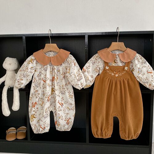 Spring 2024 INS Baby Bodysuit for Boys and Girls, Korean Style Printed Long Sleeve Climbing Reverse Collar Pull-on Pajama with Diaper Belt